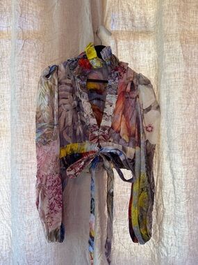 Zimmermann Sheer Floral Ruffle Tie-Front Blouse in Yellow, Purple, Pink